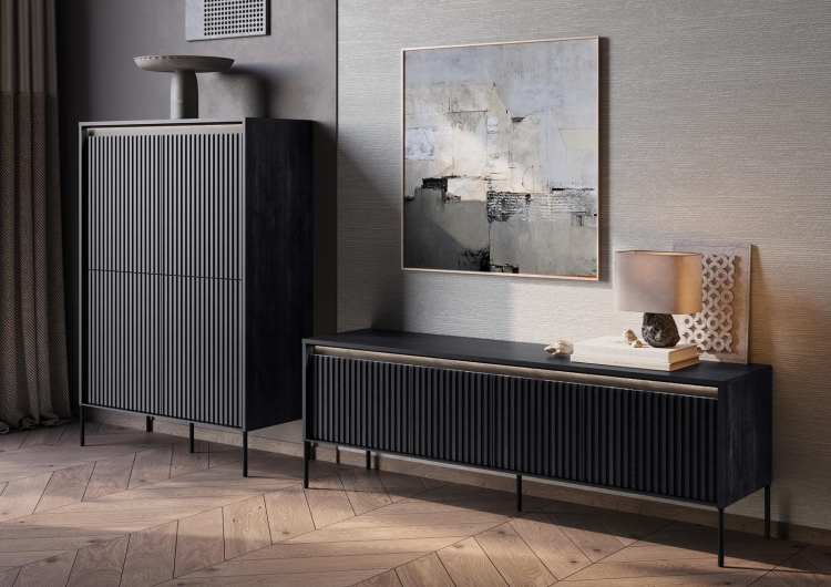 Komoda w kolorze czarnego drewna wysoka do salonu FLORES