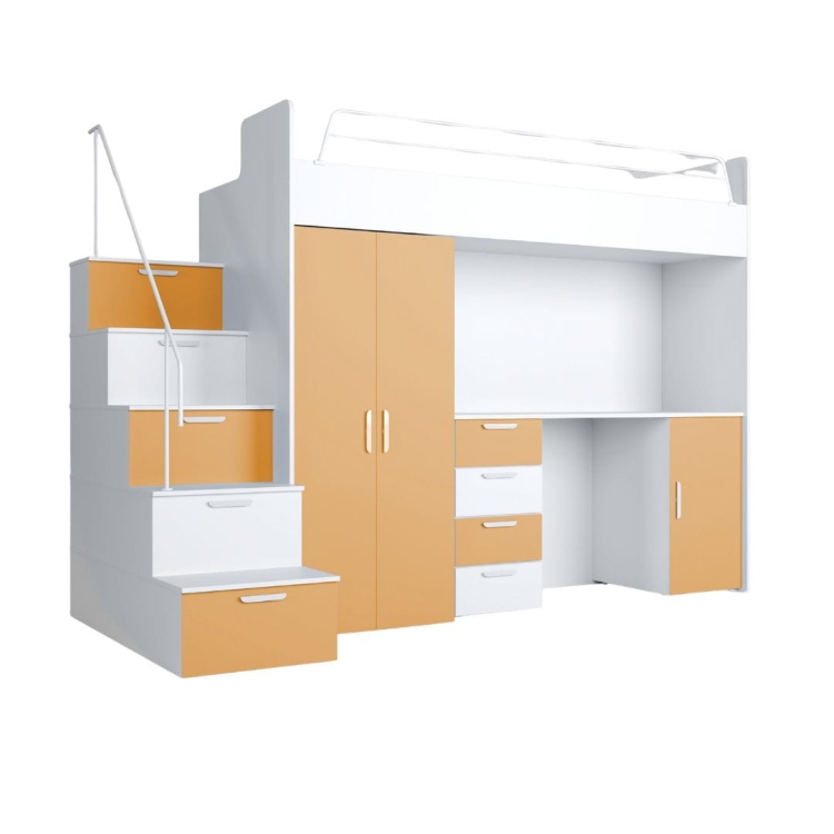 Młodzieżowe łóżko piętrowe biało-żółte z biurkiem i schodami TILAN