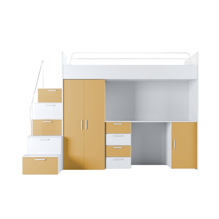 Młodzieżowe łóżko piętrowe biało-żółte z biurkiem i schodami TILAN