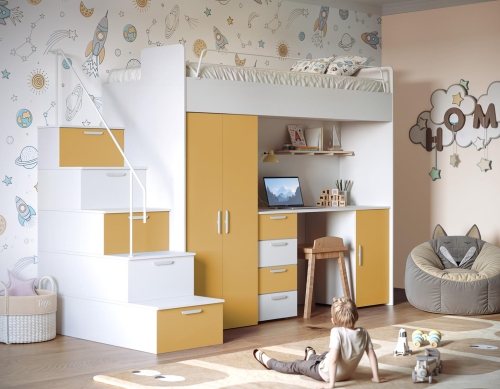 Młodzieżowe łóżko piętrowe biało-żółte z biurkiem i schodami TILAN