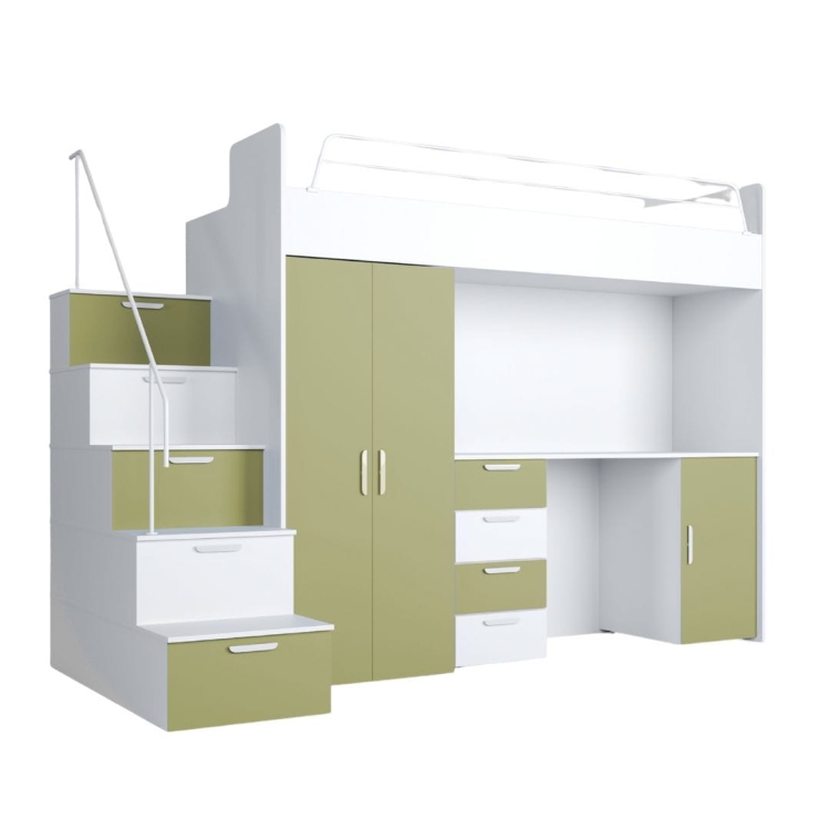 Stylowe łóżko piętrowe z biurkiem i szafą biało-zielone TILAN