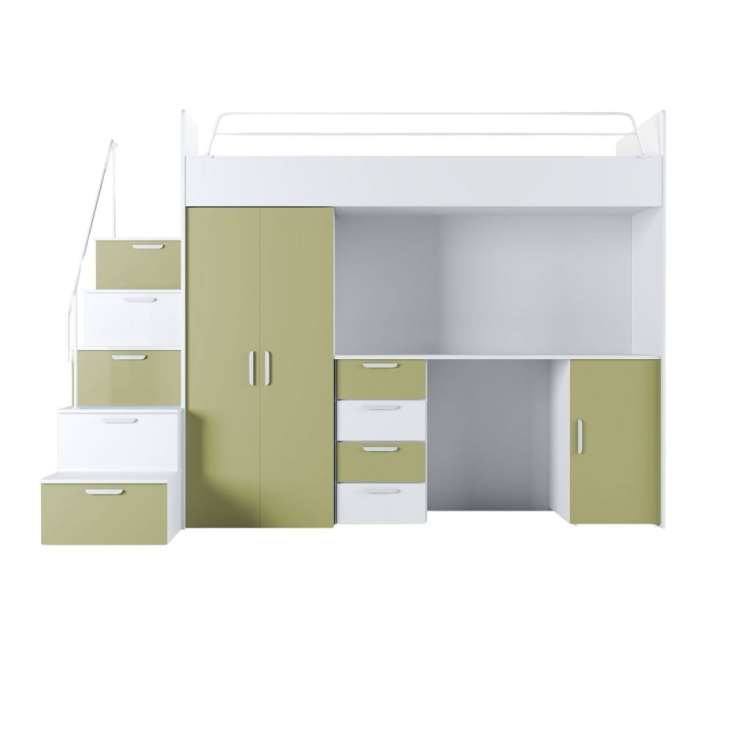Stylowe łóżko piętrowe z biurkiem i szafą biało-zielone TILAN
