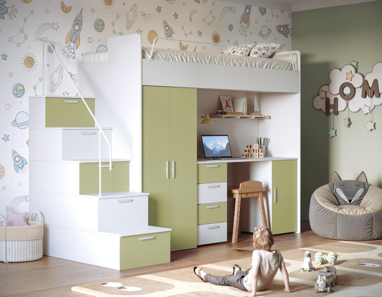 Stylowe łóżko piętrowe z biurkiem i szafą biało-zielone TILAN