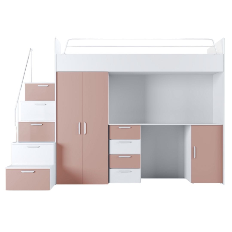 Dziecięce łóżko piętrowe ze schodami biurkiem i szafą różowe TILAN