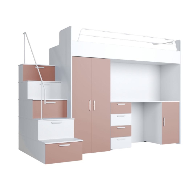 Dziecięce łóżko piętrowe ze schodami biurkiem i szafą różowe TILAN