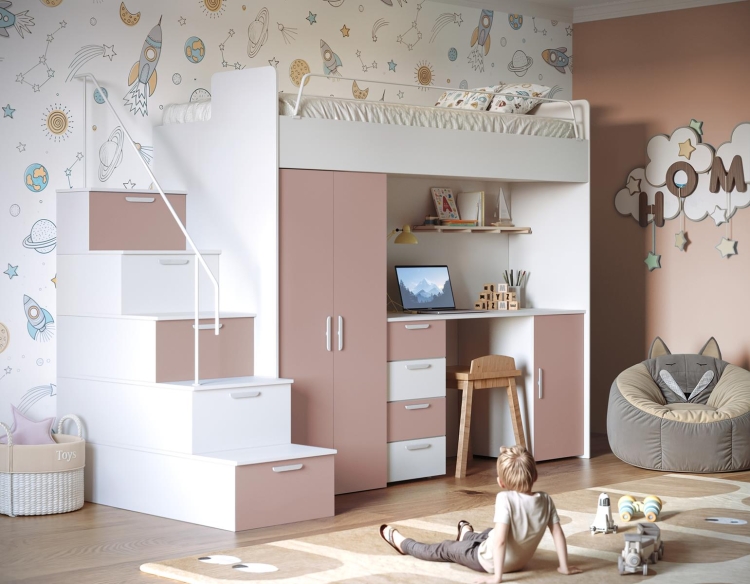 Dziecięce łóżko piętrowe ze schodami biurkiem i szafą różowe TILAN