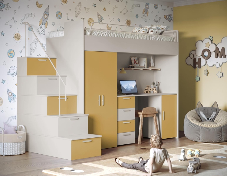 Kaszmirowo-żółte łóżko piętrowe do pokoju dziecięcego TILAN