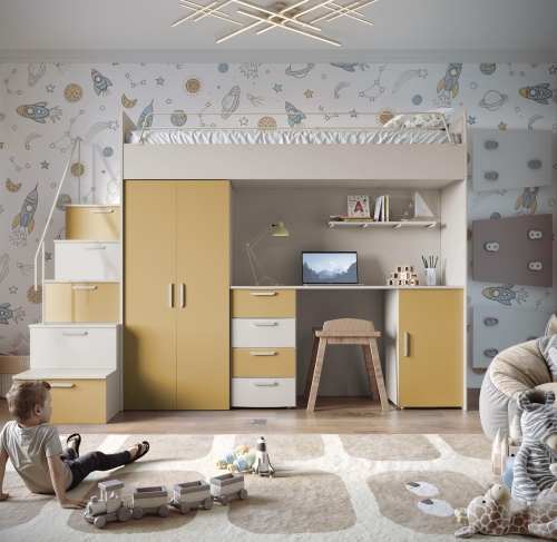 Kaszmirowo-żółte łóżko piętrowe do pokoju dziecięcego TILAN