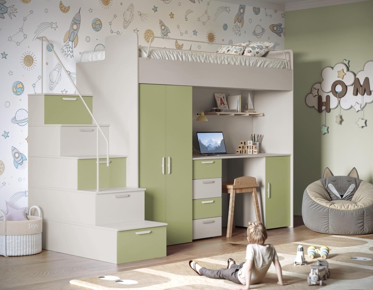 Łóżko piętrowe kaszmir-zieleń do nowoczesnego pokoju dziecka TILAN