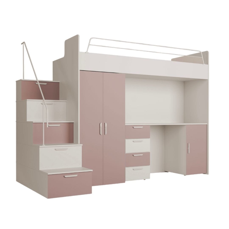Stylowe dziecięce łóżko piętrowe ze schodami kaszmir-róż TILAN