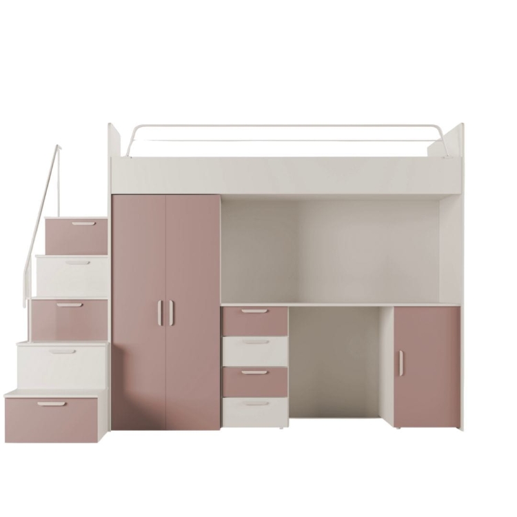 Stylowe dziecięce łóżko piętrowe ze schodami kaszmir-róż TILAN