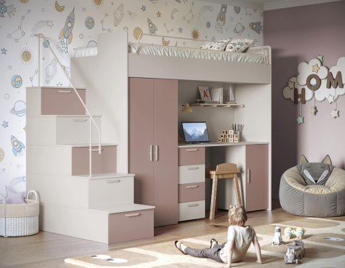 Stylowe dziecięce łóżko piętrowe ze schodami kaszmir-róż TILAN