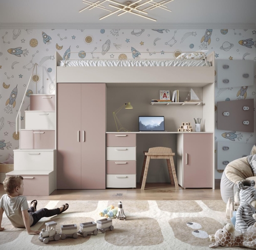 Stylowe dziecięce łóżko piętrowe ze schodami kaszmir-róż TILAN