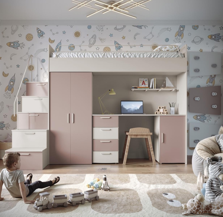 Stylowe dziecięce łóżko piętrowe ze schodami kaszmir-róż TILAN