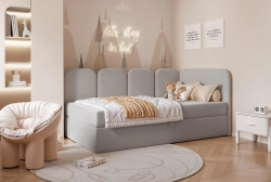 Łóżko młodzieżowe tapicerowane w szarej welurowej tkaninie DREAMY