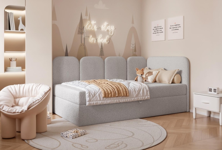 Łóżko tapicerowane szare boucle do pokoju dziecięcego DREAMY