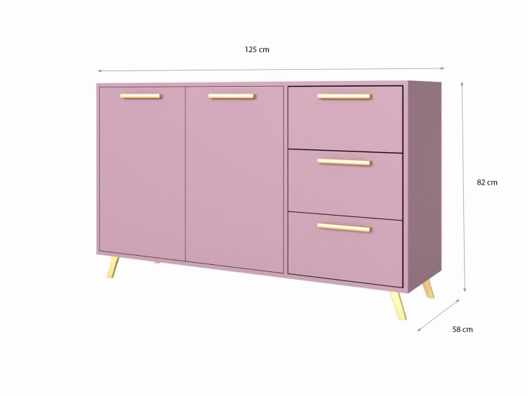 Śliwkowa komoda ze złotymi uchwytami do pokoju nastolatki BONO