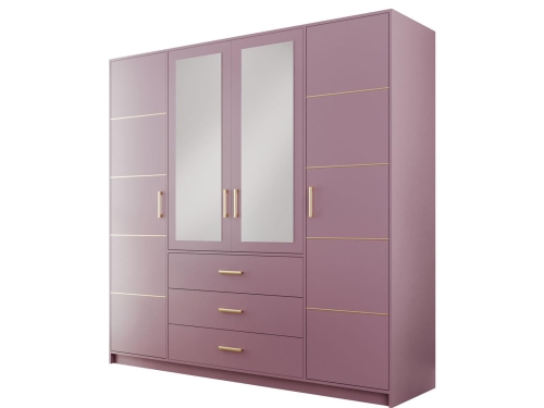 Duża szafa z szufladami w kolorze śliwki ze złotymi uchwytami BONO