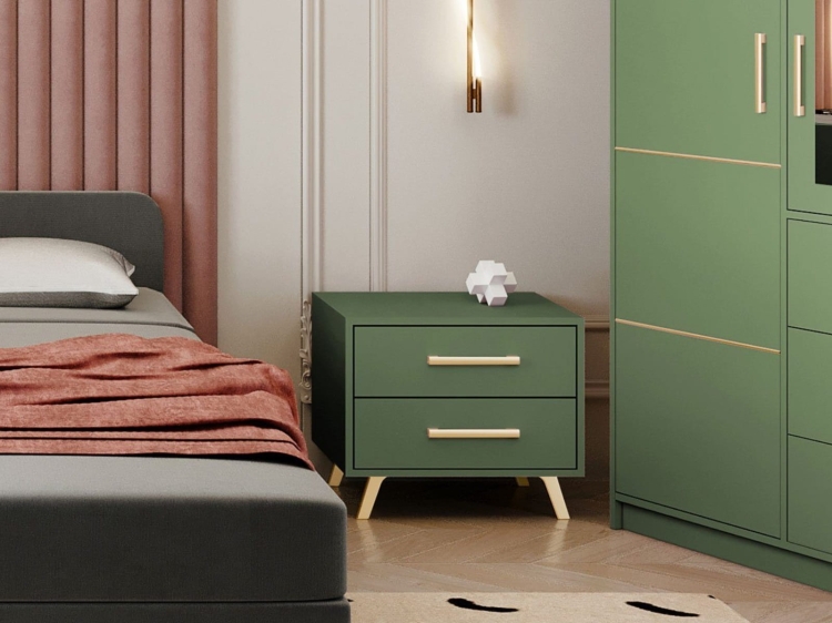 Zielony stolik nocny z szufladą i złotymi elementami BONO
