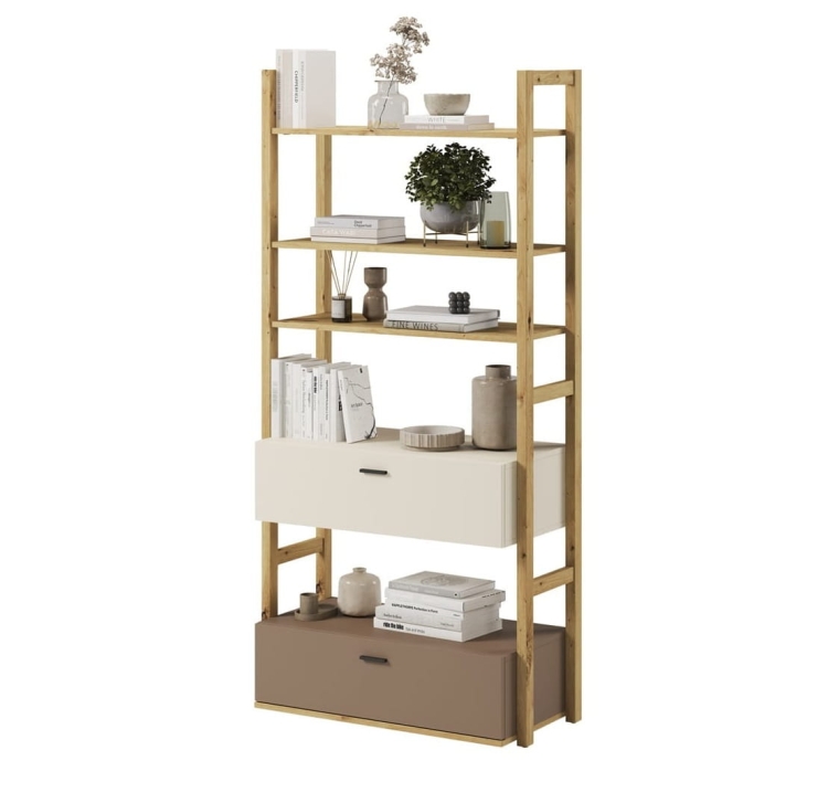 Stylowy regał z drewnianymi półkami w kolorze dąb artisan z 2 szufladami LAGOS