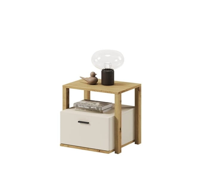 Modny beżowy stolik nocny dziecięcy z elementem drewna dąb artisan LAGOS
