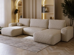 Miękki beżowy narożnik do salonu w stylu japandi boucle TEDIS