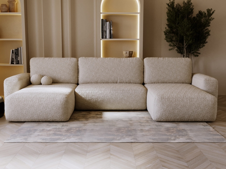 Miękki beżowy narożnik do salonu w stylu japandi boucle TEDIS