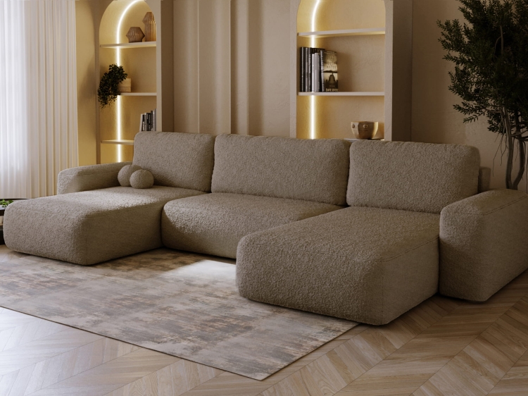 Przytulny narożnik w ciemnym odcieniu beżu tkanina boucle TEDIS