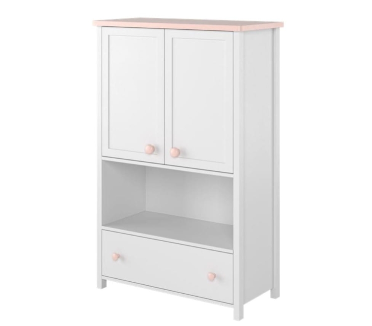 Praktyczna dwudrzwiowa komoda biało-różowa z półkami i szufladą LARA