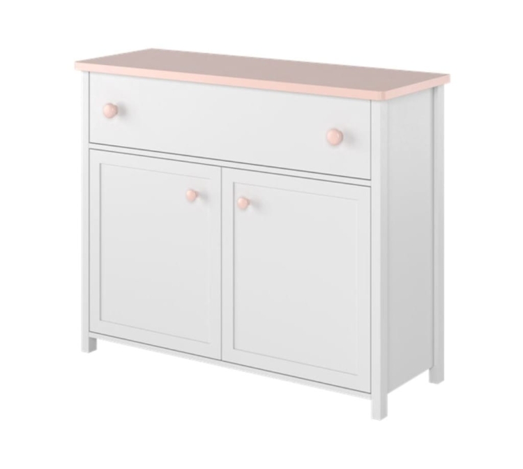 Elegancka komoda dwudrzwiowa z szufladą w kolorze białym i różowym LARA