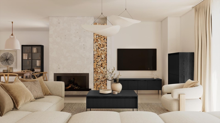Wysoka ryflowana komoda do salonu z oświetleniem LED FLORES