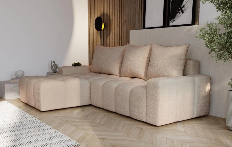Designerski pikowany narożnik w beżowym odcieniu z funkcją spania COCO