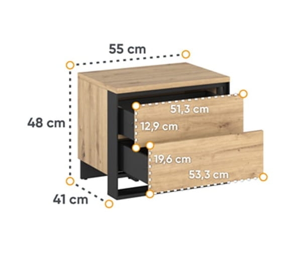 Designerski stolik nocny z dwoma szufladami do sypialni w stylu loftowym NINO