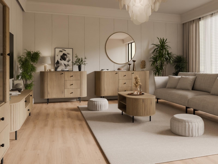 Duża witryna przeszklona z szufladami DĄB CREMONA ZANTO