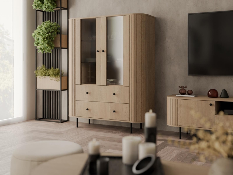 Duża witryna przeszklona z szufladami DĄB CREMONA ZANTO