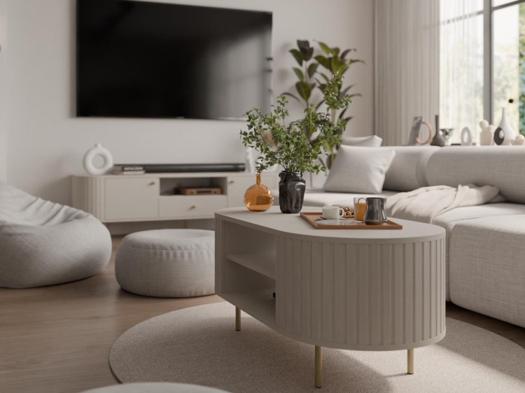 Elegancka beżowa witryna ze złotymi uchwytami ZANTO