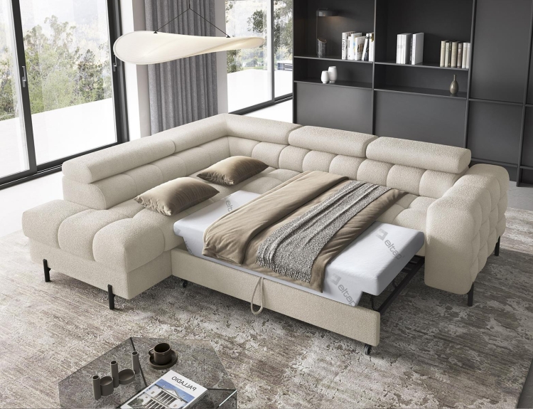 Narożnik beżowy boucle z regulowanymi zagłówkami bubble FERUCE