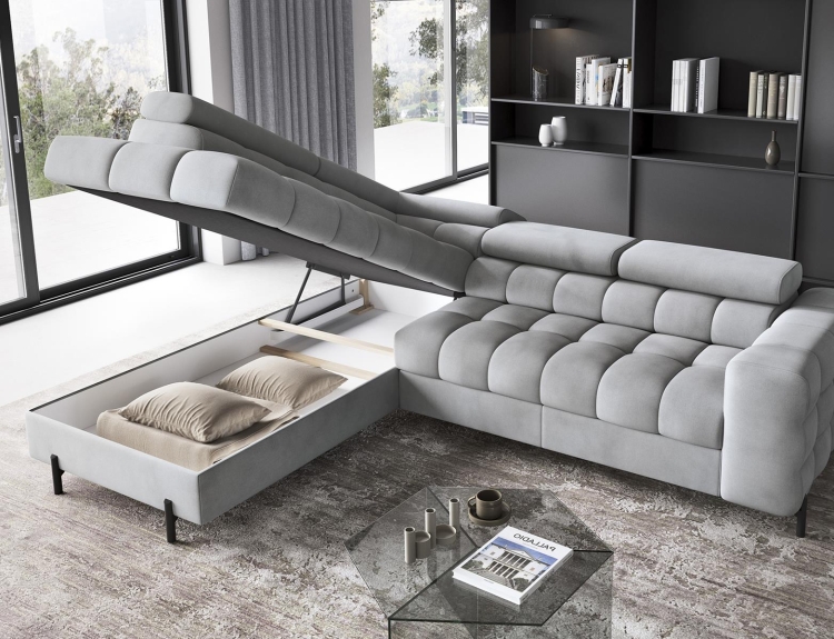 Szary narożnik w kształcie L do nowoczesnego salonu FERUUCE