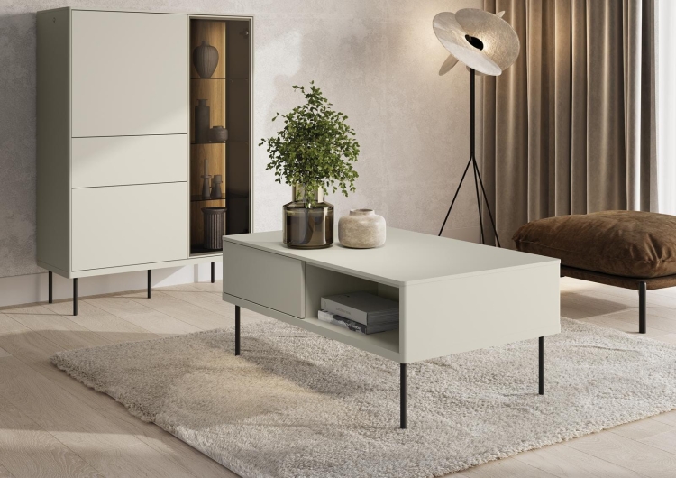 Elegancki stolik kawowy w kaszmirowym odcieniu z szufladą do salonu AMIRI