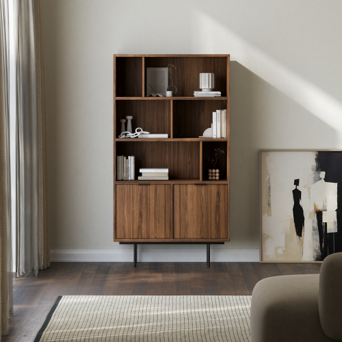 Wysoki regał w stylu vintage na czarnych nóżkach ORZECH ORI