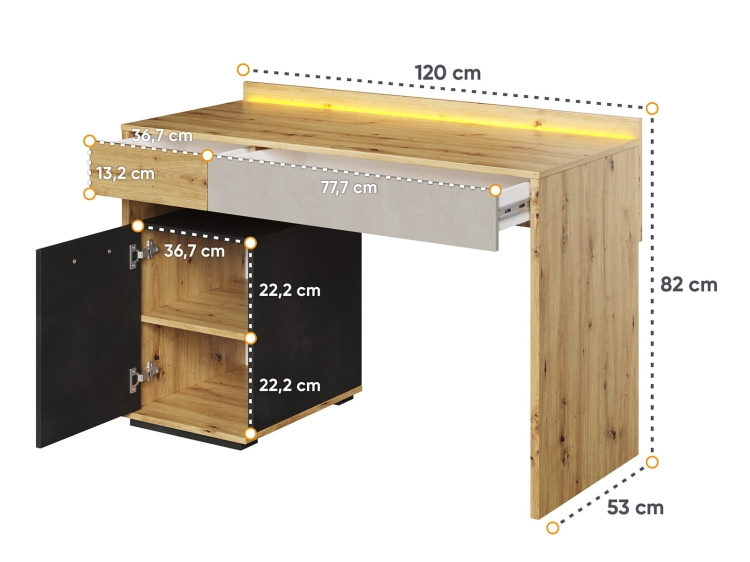 Biurko z oświetleniem LED w odcieniu dąb artisan POPI