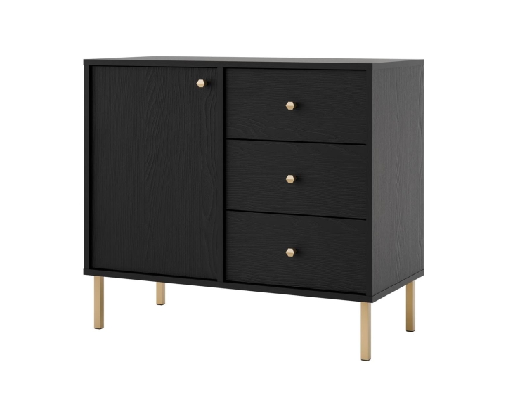 Czarna elegancka mała komoda złote uchwyty NOBIS