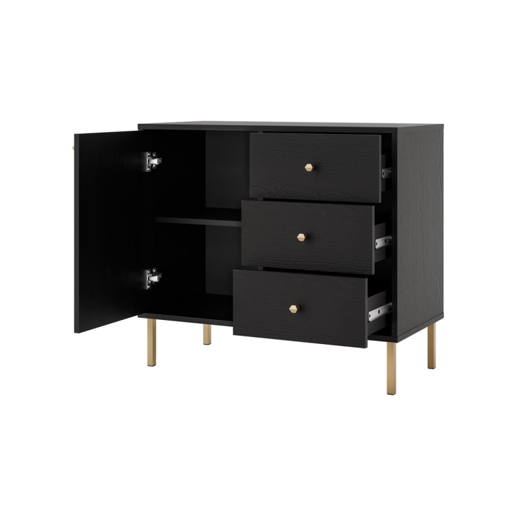 Czarna elegancka mała komoda złote uchwyty NOBIS
