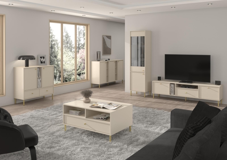 Designerska komoda beżowa ze złotymi detalami NOBIS