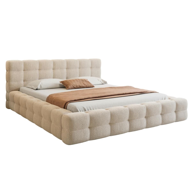 Miękkie łóżko tapicerowane beż z pojemnikiem na pościel ARI