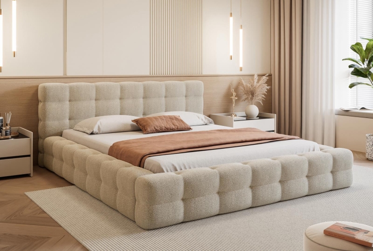 Miękkie łóżko tapicerowane beż z pojemnikiem na pościel ARI