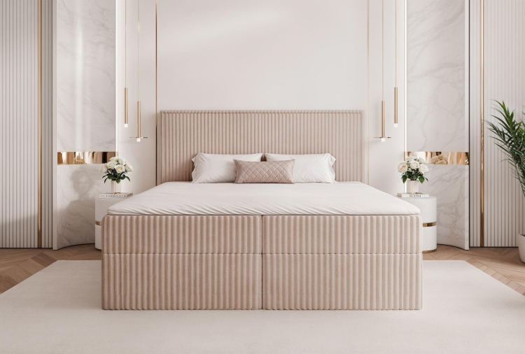 Miękkie sztruksowe szare łóżko z dwoma skrzyniami LIMI