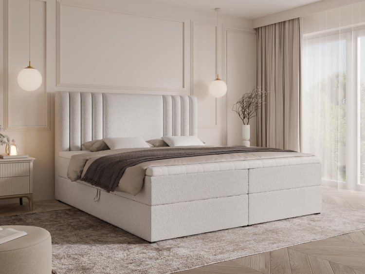Kontynentalne białe eleganckie łóżko boucle LIVA