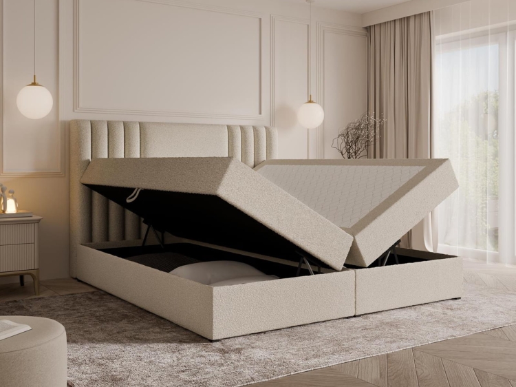 Designerskie beżowe łóżko kontynentalne boucle LIVA