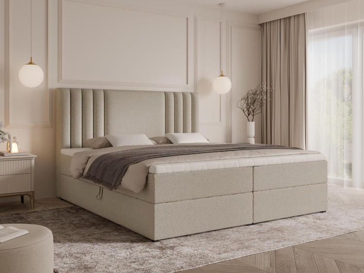 Designerskie beżowe łóżko kontynentalne boucle LIVA